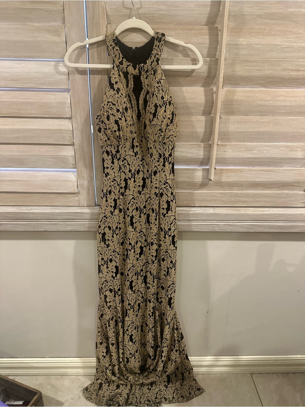 R&M Richards Black and Gold Lace Halter Maxi Gown